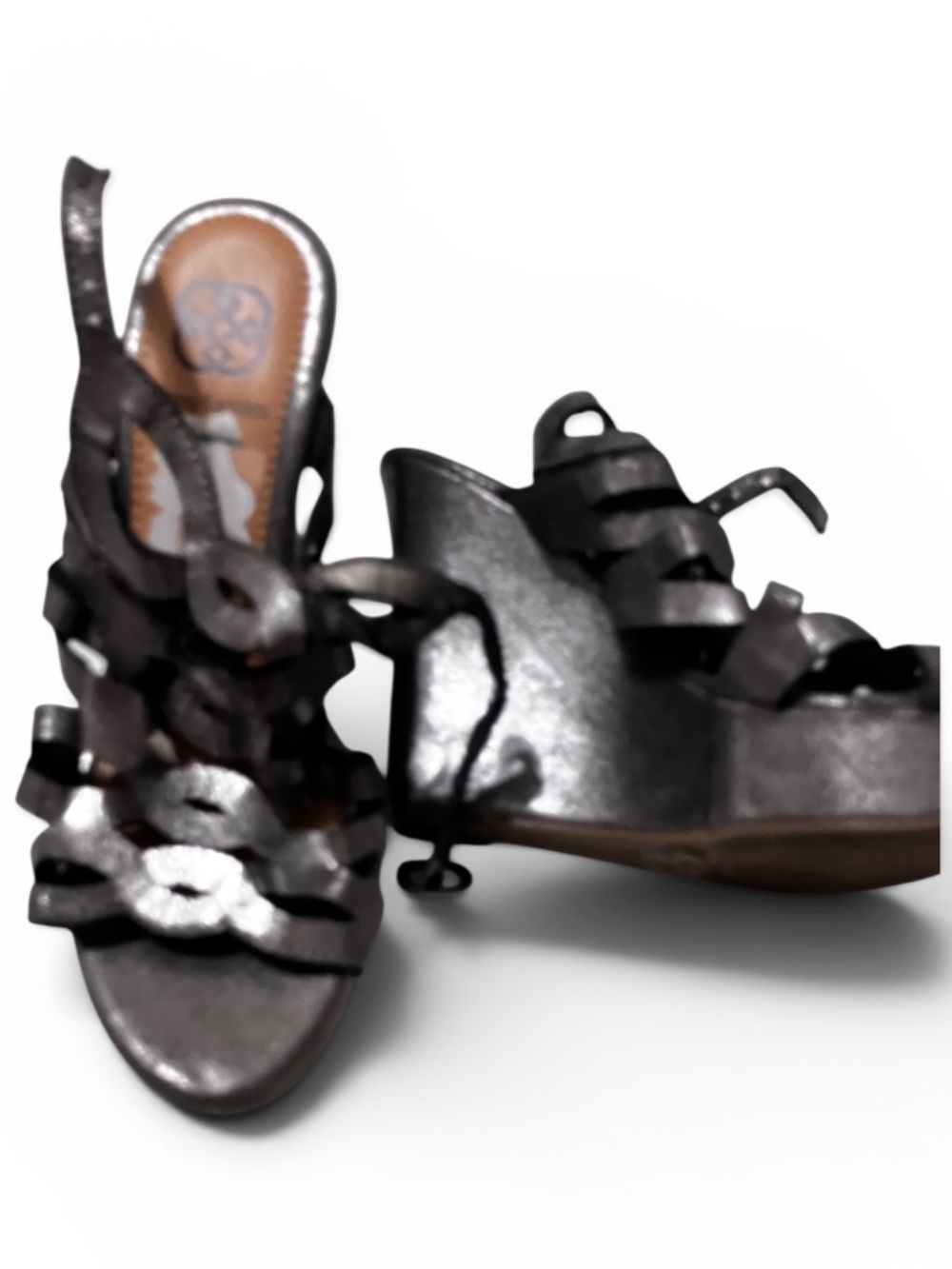 Daisy Metallic Pewter Leather Lace-Up Platform Wedge Sandals | Size 6